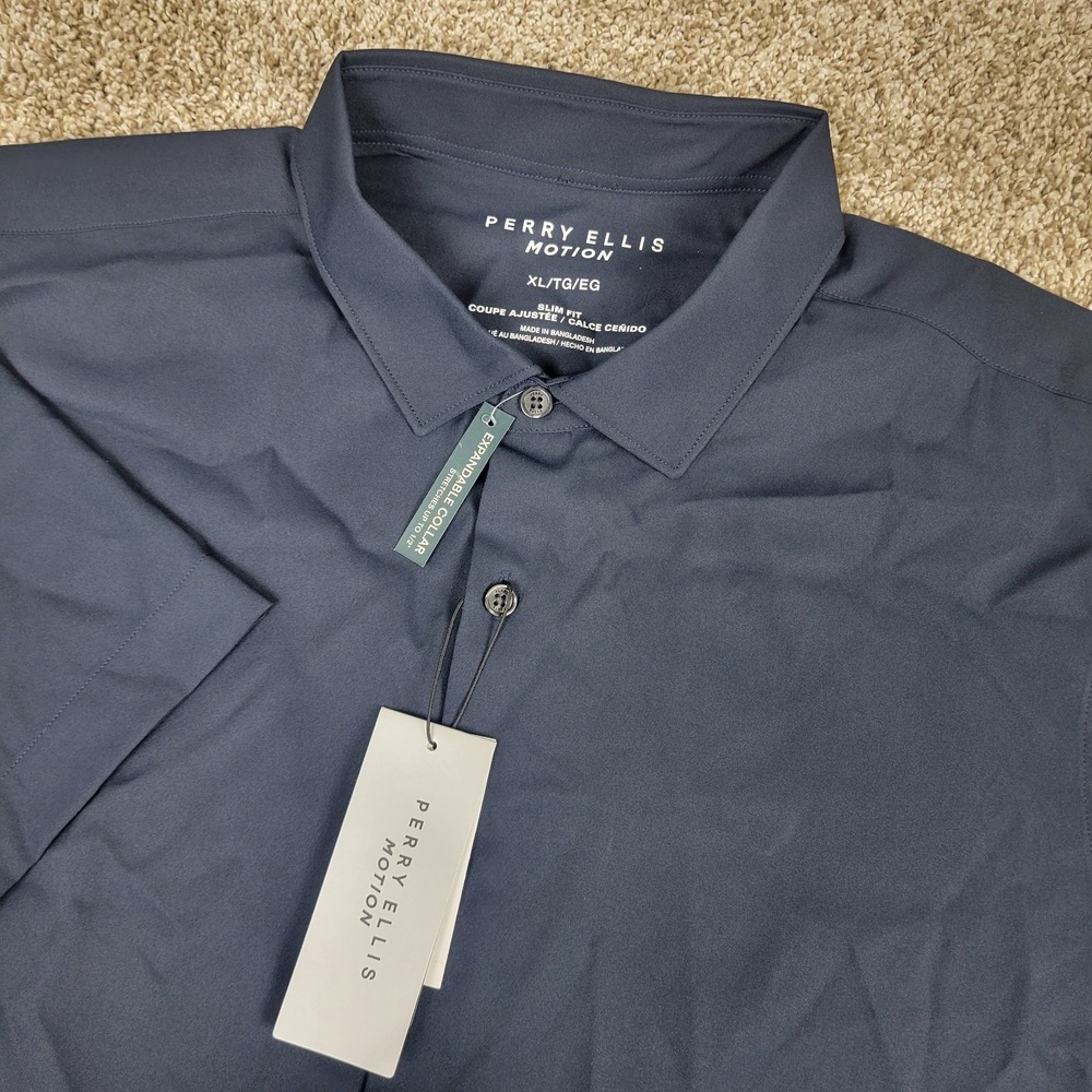 NWT Perry Ellis Motion Mens XL Solid Navy Performance Stretch Button Up SS